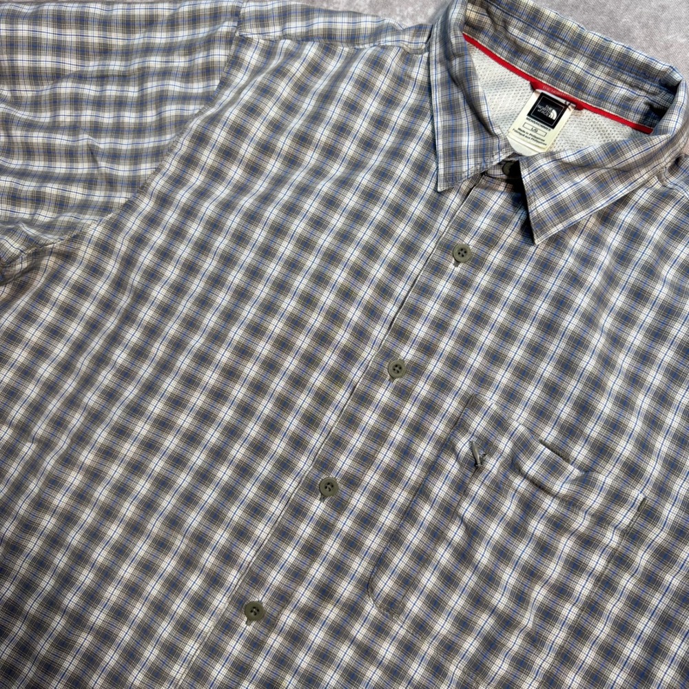 The North Face Mens Large Plaid Button Down Shirt Short Sleeve Gray Blue TB50 - Picture 1 of 8